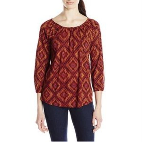 NWT Lucky Brand Burnt Orange Ikat Print Long Sleeve Top, size S - Picture 4 of 14